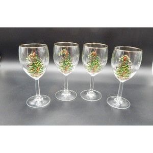 Spode Christmas Tree Wine Water Glasses Goblets Gold Trim 7-1/2 Inch Set of 4